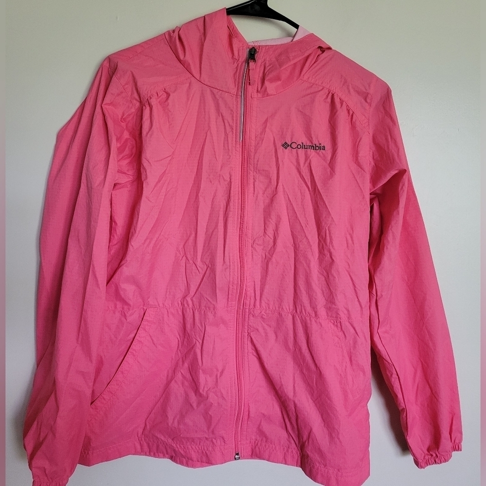 Columbia Youth Pink Windbreaker w/Hood Full Zip Raincoat Long Sleeve Size Large